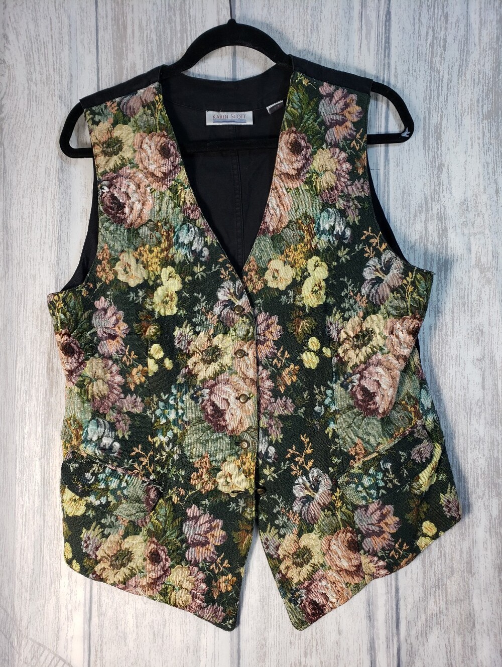 Vtg Karen Scott Tapestry Vest Dark green woven floral Metal Buttons Large